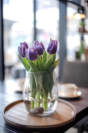 Bouquet of purple tulips in vase on table in cafeの素材