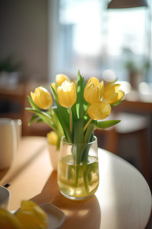 Yellow tulips in a vase on a table in a cafeの素材