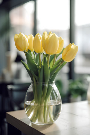 Yellow tulips in a vase on the table in a cafeの素材