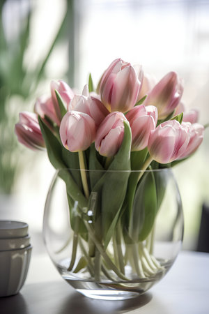 Bouquet of pink tulips in a glass vase on the tableの素材
