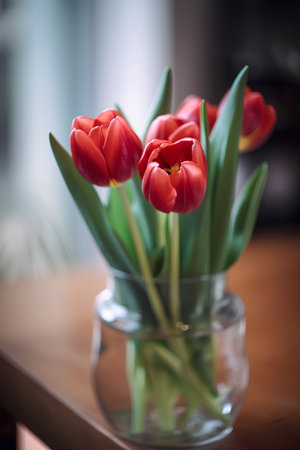 Bouquet of red tulips in a glass vase on the tableの素材