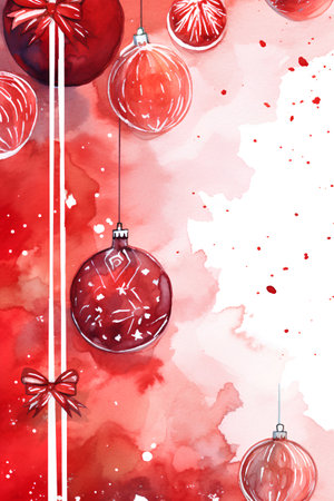 Watercolor Christmas background with red baubles. Hand painted illustration.の素材
