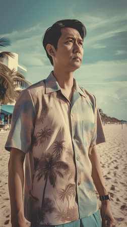 Portrait of a handsome asian man on the beach. Vintage style.の素材