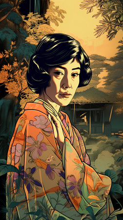 Illustration of a beautiful girl in a Japanese kimono.の素材
