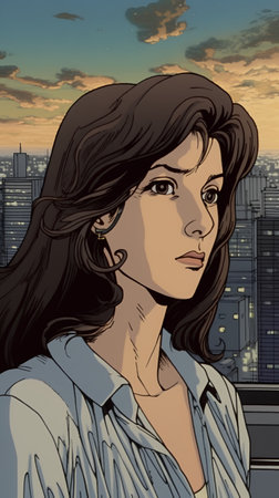 illustration of a beautiful young woman on the background of the cityの素材
