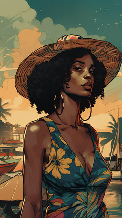 Beautiful african american woman in a hat on a tropical beachの素材