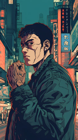 Vector illustration of a young man in a coat in the city.の素材