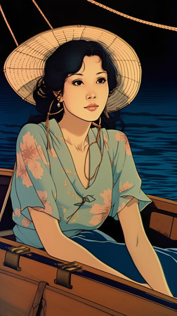 Beautiful young woman in a hat on a boat in the seaの素材