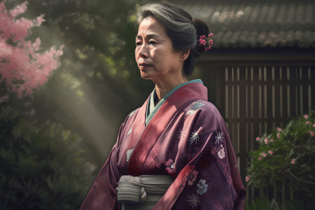 Japanese woman wearing a kimono in front of the garden.の素材