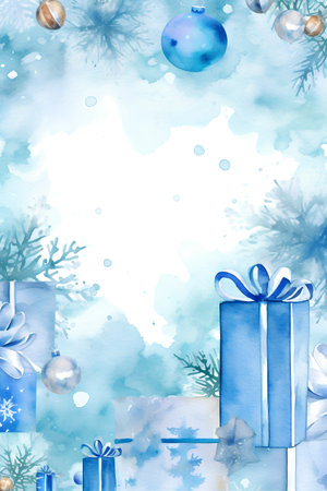 Christmas watercolor background with gift boxes and snowflakes. Watercolor illustration.の素材