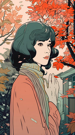 Beautiful woman in autumn park. Vector illustration in retro style.の素材