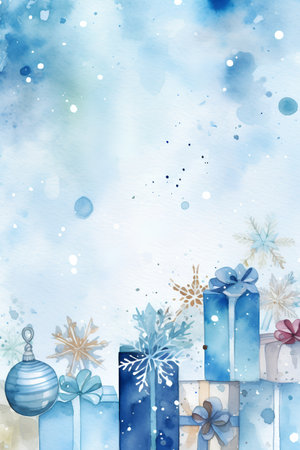 Christmas background with gift boxes and snowflakes. Watercolor illustration.の素材