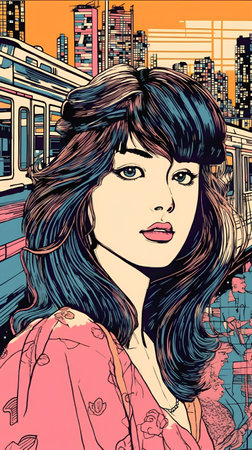 Beautiful young woman in the city. Vector illustration. Vintage style.の素材