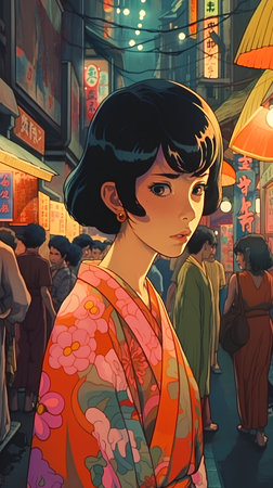 Illustration of a girl in a kimono in the streetの素材