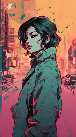 Fashion girl in sketch-style. Girl in the city.の素材