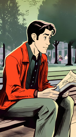 Young man reading a newspaper in a city park. Vector illustration.の素材