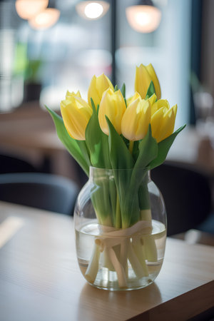 Bouquet of yellow tulips in a vase on the tableの素材
