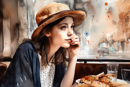 Beautiful girl in a cafe. Photo in old color image style.の素材