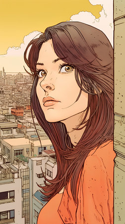 Beautiful girl with long brown hair in the city. Vector illustration.の素材