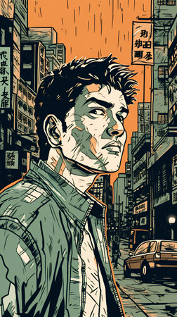 Handsome man in the city. Pop art retro vector illustrationの素材