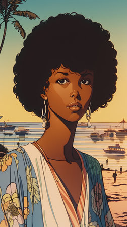 Beautiful African American woman on the seashore at sunset.の素材