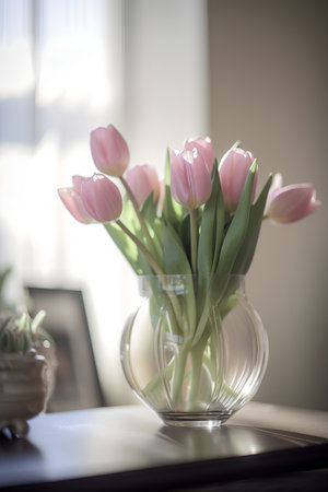 Bouquet of pink tulips in a vase on a tableの素材