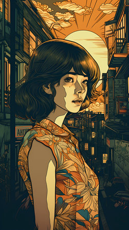 Vector illustration of a beautiful girl on a city street. Retro style.の素材