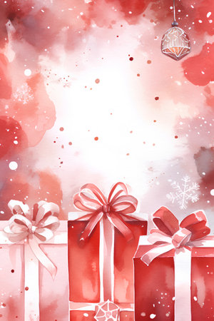 Watercolor Christmas background with red gift boxes and snowflakes.の素材
