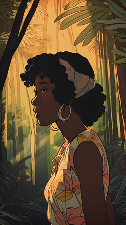 Beautiful African American woman in the jungle. Retro style illustration.の素材