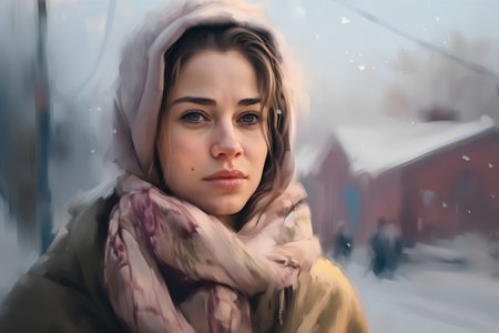 Portrait of a beautiful young woman in a snowy winter landscape.の素材