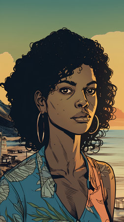 Portrait of a beautiful African American woman on the beach at sunsetの素材