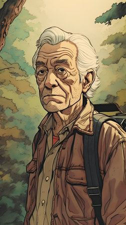 Portrait of an old man with a backpack on his shoulder.の素材