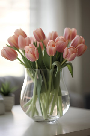 Bouquet of pink tulips in a glass vase on the tableの素材