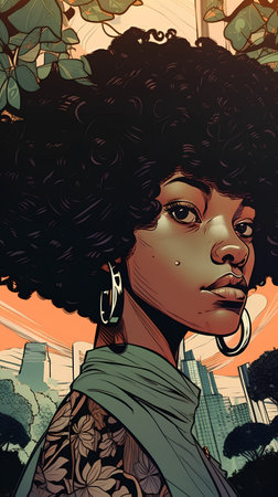 Portrait of a beautiful African American woman with afro hairstyleの素材