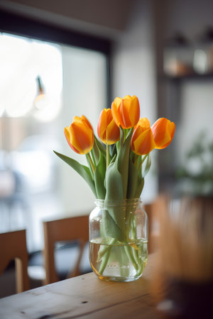 Bouquet of orange tulips in vase on wooden table in cafeの素材