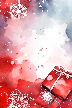 Watercolor Christmas background with red gift box and snowflakes.の素材