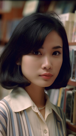 Portrait of beautiful asian girl with black hair in library.の素材