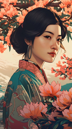 Beautiful japanese girl with flowers in her hair. Vector illustration.の素材