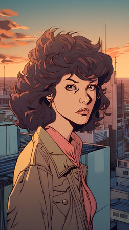 Illustration of a beautiful young woman in the city at sunset.の素材