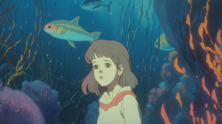 Cartoon Illustration of a Teenage Girl in Underwater Worldの素材