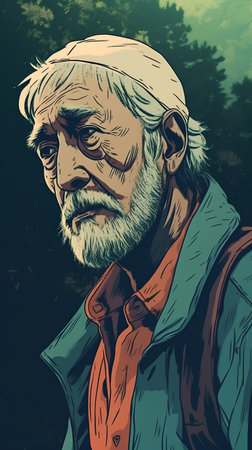 Portrait of an old man in the forest. Vector illustration.の素材