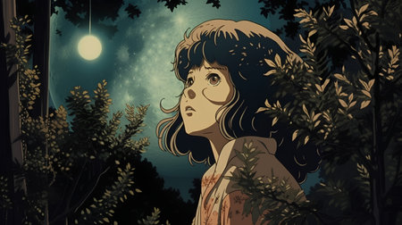 Illustration of a girl in the forest at night with full moonの素材