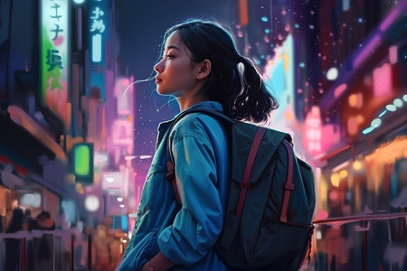 Young asian woman traveling in the city at night, she is wearing a backpackの素材