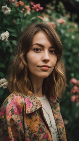 Portrait of a beautiful young woman in a floral dress in the gardenの素材