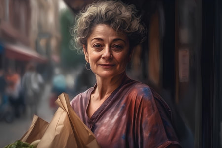 Portrait of a senior woman with shopping bags in the street.の素材
