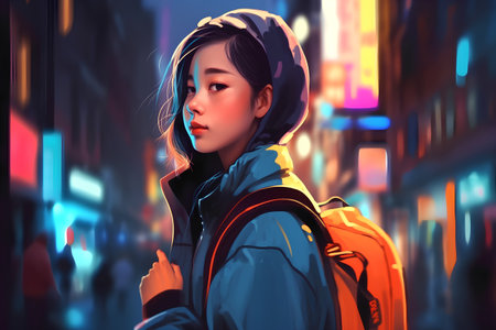 3D rendering of a beautiful girl with a backpack in the cityの素材