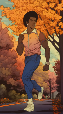 Young african american man jogging in the autumn park.の素材