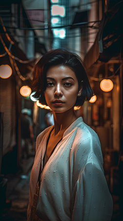 Portrait of a beautiful asian woman in a night street.の素材