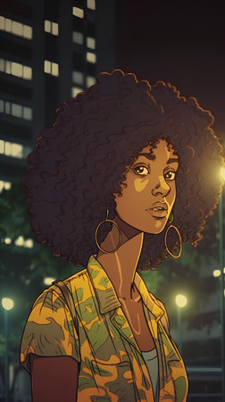 African american woman with afro hairstyle in the city at nightの素材