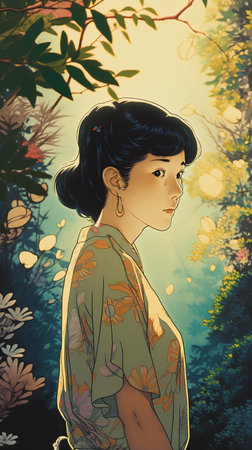 Digital illustration of a woman in a floral dress in a forest.の素材
